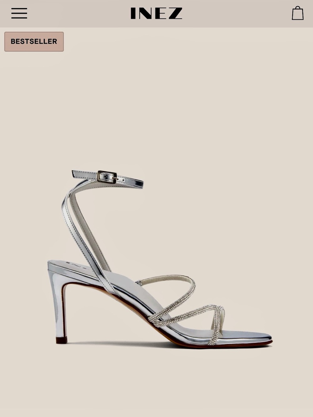 INEZ Silver Strappy Ankle‑Wrap Heeled Sandal